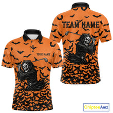 Load image into Gallery viewer, Black and Orange Bats Halloween Skull Reaper Golf Polo Shirt For Men Custom Halloween mens golf top NQS10756