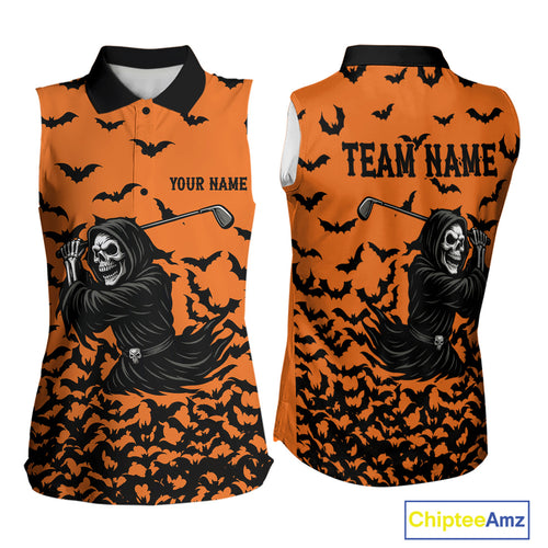 Black and Orange Bats Halloween Skull Reaper Golf Sleeveless Polo Shirt Custom ladies golf top NQS10756