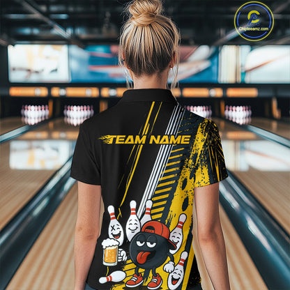 Custom Black and Yellow Funny Bowling And Beer Team Bowling Shirts ladies, bowling outfits for women NQS10965