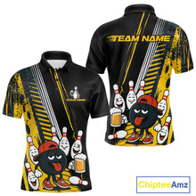 Load image into Gallery viewer, Custom Black and Yellow Funny Bowling And Beer Team Bowling Shirts For Men, bowling outfits for men NQS10965