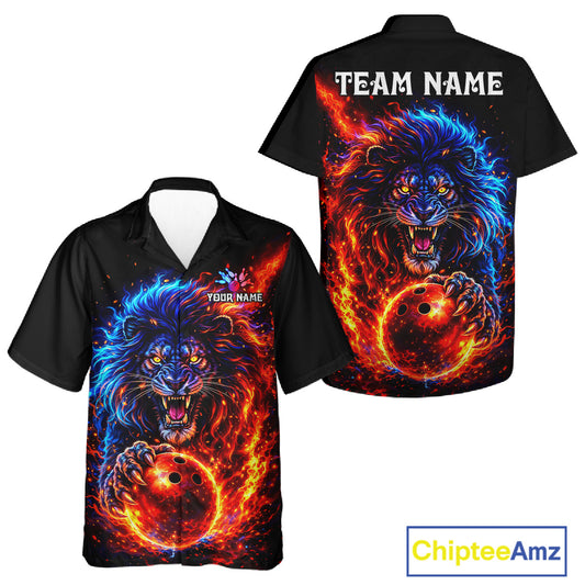 Red and Blue Flame Lion Bowling Hawaiian Shirt Custom Fire Lion Team Bowling Button Up shirt NQS11347