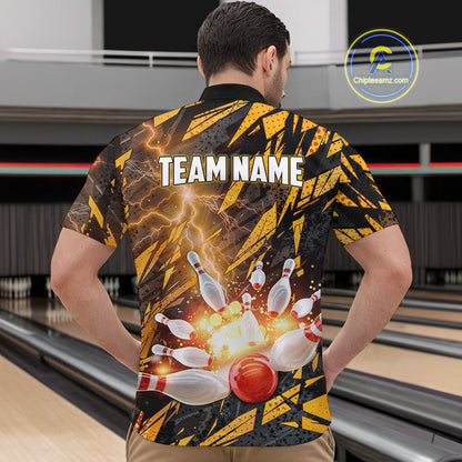 Black and Yellow Camo Lightning Thunder Bowling Shirts For Men Custom Bowling Team Jerseys NQS11153