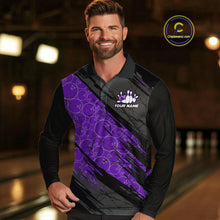 Load image into Gallery viewer, Black and Purple Bowling Camo Polo, 1/4 Zip Shirts for Men Custom Bowling Team League Jerseys NQS11700