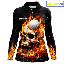 Load image into Gallery viewer, Flame Skull Golf Polo shirts for Women custom Skull Fire team golf shirts, golf gifts for ladies NQS11576