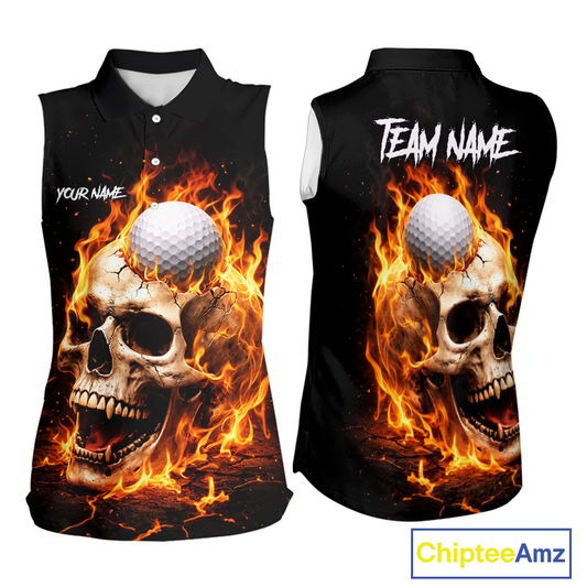 Flame Skull Sleeveless Golf Polo shirt custom Skull Fire team golf shirts, golf gifts for ladies NQS11576