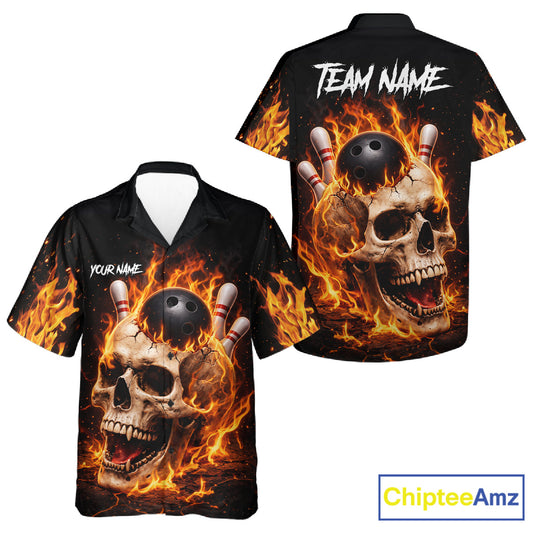 Flame Skull Bowling button-up shirts custom Skull team Bowling uniforms league jerseys NQS11577