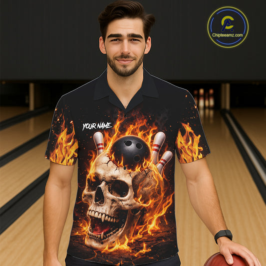 Flame Skull Bowling button-up shirts custom Skull team Bowling uniforms league jerseys NQS11577