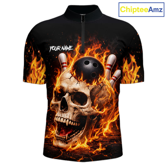 Flame Skull Bowling Polo, 1/4 zip shirts for men custom Skull team Bowling uniforms league jerseys NQS11577