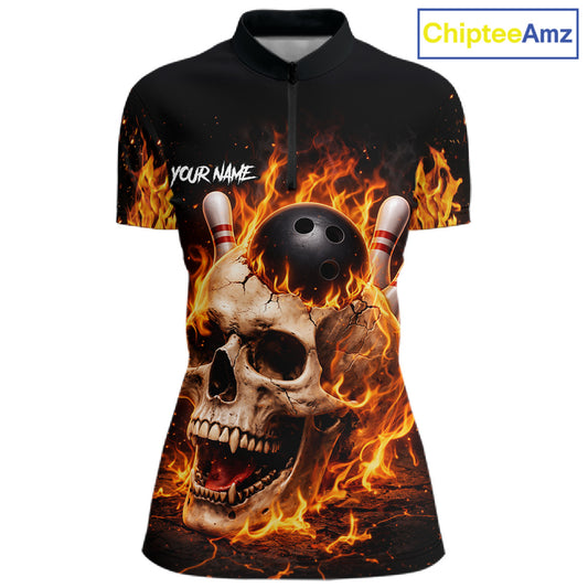 Flame Skull Bowling Polo, 1/4 zip shirts for Women custom Skull team Bowling uniforms league jerseys NQS11577