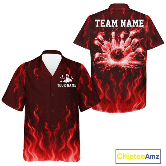 Red flame lightning thunder Hawaiian Bowling jerseys custom Bowling team button up shirt NQS10979