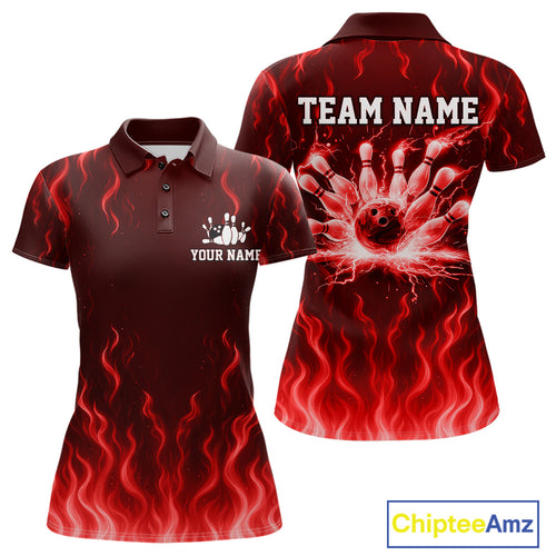 Red flame lightning thunder Bowling polo, quarter zip shirts for Women custom Bowling team jerseys NQS10979