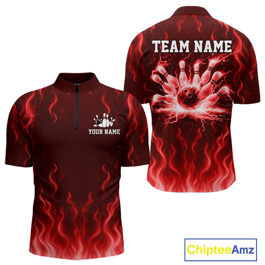 Red flame lightning thunder Bowling polo, quarter zip shirts for men custom Bowling team jerseys NQS10979
