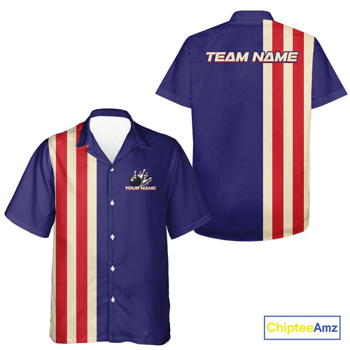 Red, White and Blue Retro Bowling Hawaiian Shirt custom patriotic bowling outfits team jerseys NQS11167