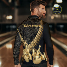 Load image into Gallery viewer, Custom Black and Gold tribal pattern Bowling Polo, 1/4 zip Shirts For Men, Team Bowling League jersey NQS11591