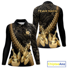 Load image into Gallery viewer, Custom Black &amp; Gold tribal pattern Bowling Polo, 1/4 zip Shirts For Women, Team Bowling League jersey NQS11591