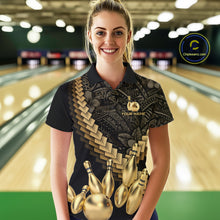 Load image into Gallery viewer, Custom Black &amp; Gold tribal pattern Bowling Polo, 1/4 zip Shirts For Women, Team Bowling League jersey NQS11591