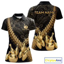 Load image into Gallery viewer, Custom Black &amp; Gold tribal pattern Bowling Polo, 1/4 zip Shirts For Women, Team Bowling League jersey NQS11591