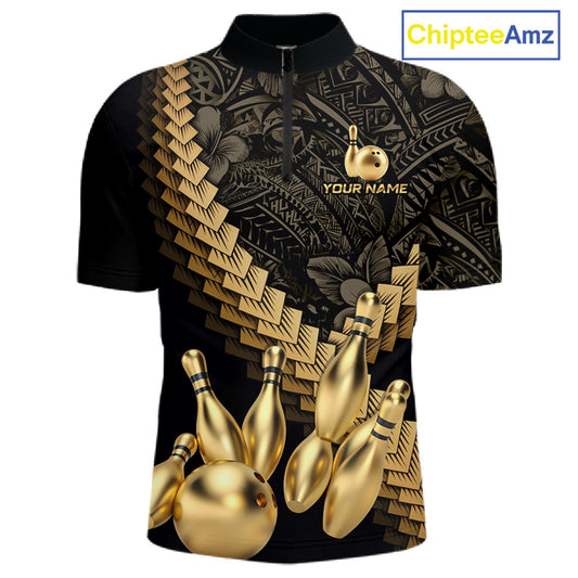 Custom Black and Gold tribal pattern Bowling Polo, 1/4 zip Shirts For Men, Team Bowling League jersey NQS11591