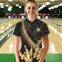 Load image into Gallery viewer, Custom Black &amp; Gold tribal pattern Bowling Polo, 1/4 zip Shirts For Women, Team Bowling League jersey NQS11591
