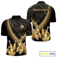 Load image into Gallery viewer, Custom Black and Gold tribal pattern Bowling Polo, 1/4 zip Shirts For Men, Team Bowling League jersey NQS11591