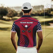 Load image into Gallery viewer, Personalized Red, white and blue US flag mens golf polo shirts custom patriotic golf attire for men NQS11387