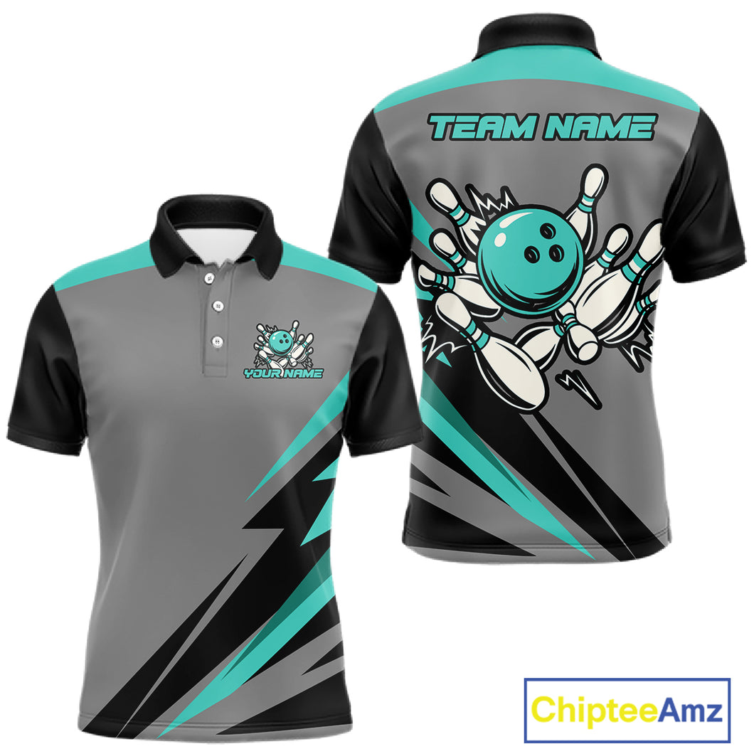 Personalized Gray and Turquoise Bowling Team Shirts For Men Custom Bowling Polo, Quarter Zip Shirts NQS10822
