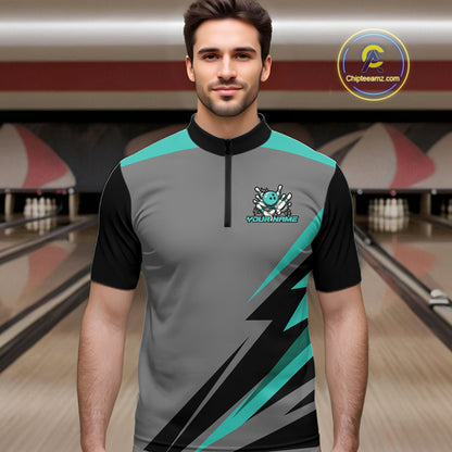 Personalized Gray and Turquoise Bowling Team Shirts For Men Custom Bowling Polo, Quarter Zip Shirts NQS10822