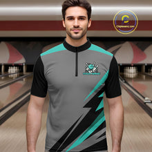 Load image into Gallery viewer, Personalized Gray and Turquoise Bowling Team Shirts For Men Custom Bowling Polo, Quarter Zip Shirts NQS10822