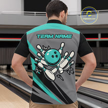 Load image into Gallery viewer, Personalized Gray and Turquoise Bowling Team Shirts For Men Custom Bowling Polo, Quarter Zip Shirts NQS10822