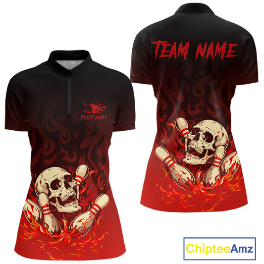 Red Skull Bowling Shirts With Flames custom quarter zip, polo team jerseys, bowling jerseys Women NQS10998