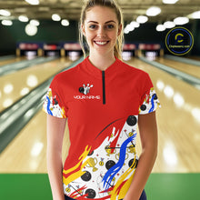 Load image into Gallery viewer, Red Bowling pattern Bowling Team Polo, Quarter Zip Shirt For Women Custom Ladies Bowling Jersey NQS10825