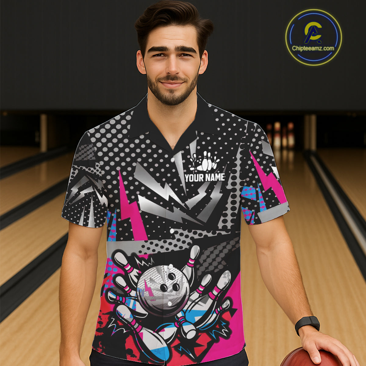 Colorful Lightning pattern Bowling Hawaiian Shirt Custom Team Bowling Button up Jerseys NQS11202