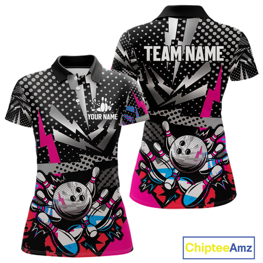 Colorful Lightning pattern Bowling Polo, Quarter Zip Shirts For Women Custom Team Bowling Jerseys NQS11202