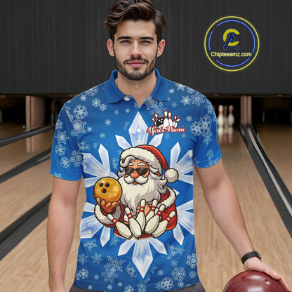 Blue Snowflake Funny Santa Bowling Shirts For Men Custom Christmas Bowling Team Jersey Xmas Gifts NQS11007