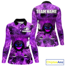 Load image into Gallery viewer, Funny Crown Bowling Purple Flame Bowling Polo, Quarter Zip Shirt For Women Custom Bowling Team Jersey NQS11721