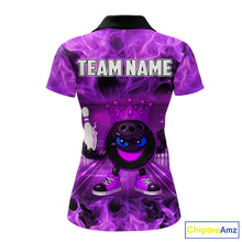 Load image into Gallery viewer, Funny Crown Bowling Purple Flame Bowling Polo, Quarter Zip Shirt For Women Custom Bowling Team Jersey NQS11721