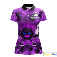 Load image into Gallery viewer, Funny Crown Bowling Purple Flame Bowling Polo, Quarter Zip Shirt For Women Custom Bowling Team Jersey NQS11721