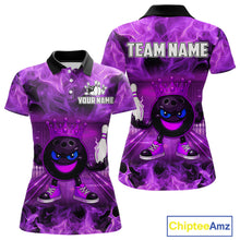 Load image into Gallery viewer, Funny Crown Bowling Purple Flame Bowling Polo, Quarter Zip Shirt For Women Custom Bowling Team Jersey NQS11721