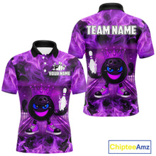 Load image into Gallery viewer, Funny Crown Bowling Purple Flame Bowling Polo, Quarter Zip Shirt For Men Custom Bowling Team Jersey NQS11721