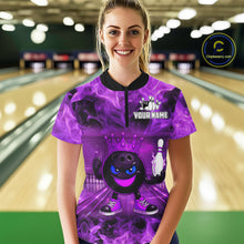 Load image into Gallery viewer, Funny Crown Bowling Purple Flame Bowling Polo, Quarter Zip Shirt For Women Custom Bowling Team Jersey NQS11721
