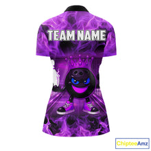 Load image into Gallery viewer, Funny Crown Bowling Purple Flame Bowling Polo, Quarter Zip Shirt For Women Custom Bowling Team Jersey NQS11721
