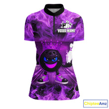 Load image into Gallery viewer, Funny Crown Bowling Purple Flame Bowling Polo, Quarter Zip Shirt For Women Custom Bowling Team Jersey NQS11721