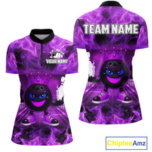 Load image into Gallery viewer, Funny Crown Bowling Purple Flame Bowling Polo, Quarter Zip Shirt For Women Custom Bowling Team Jersey NQS11721