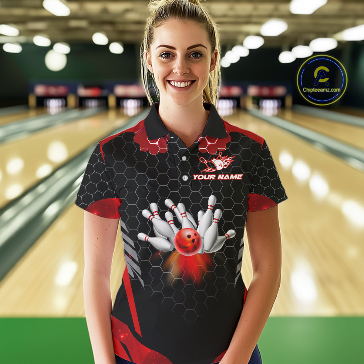 Black and Red Hexagon pattern Bowling Shirts For Women custom bowling team jersey with name NQS11020