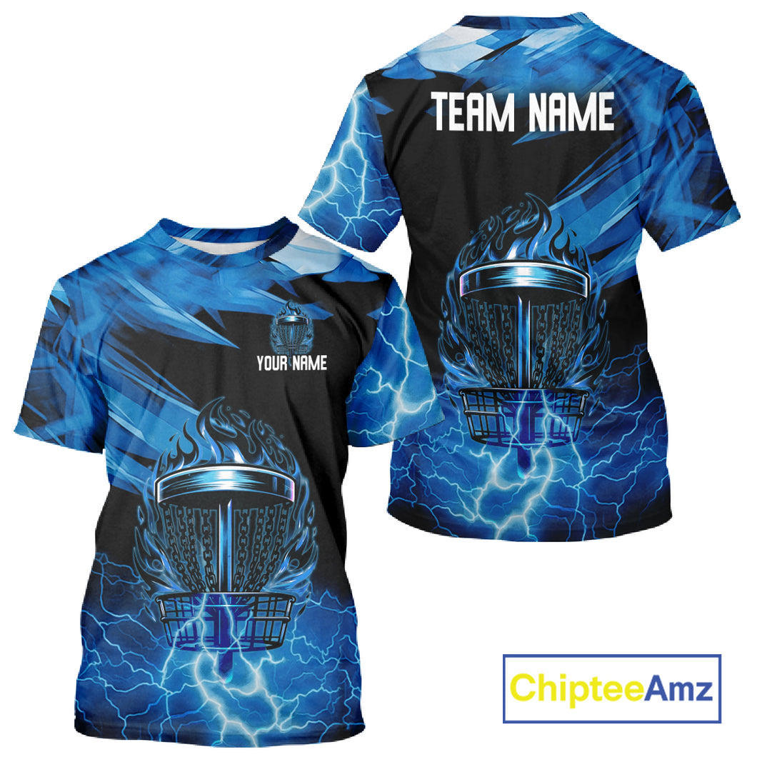 Black and Blue Flame Lightning Thunder Disc golf T-Shirt Custom disc golf attire NQS10846