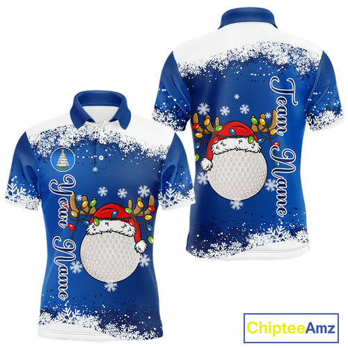 Blue and White Christmas Golf Polo shirts For men Custom mens golf tops, Xmas golf gifts for men NQS11027