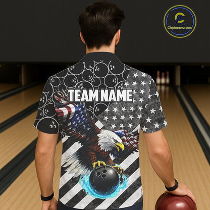 Black & White American flag Eagle Button-up bowling shirt custom Patriotic Bowling Team League Jersey NQS11424