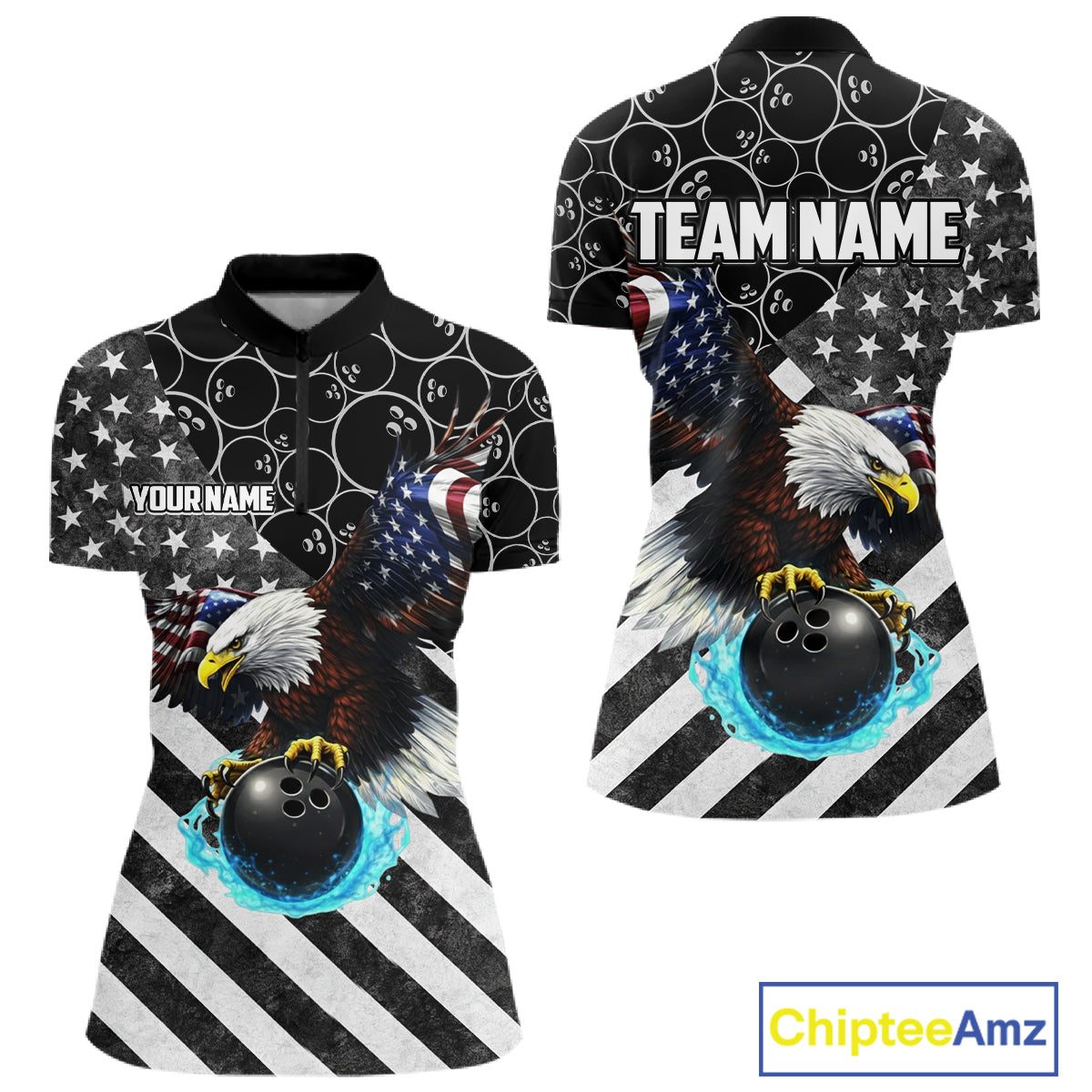 Black and White American flag Eagle Women Bowling shirts custom Patriotic Bowling Team League Jersey NQS11424