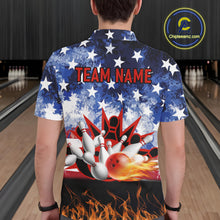 Load image into Gallery viewer, Custom American Flag Flame Bowling Polo, Quarter Zip Shirts For Men, Patriotic Bowling Team Jersey NQS11041