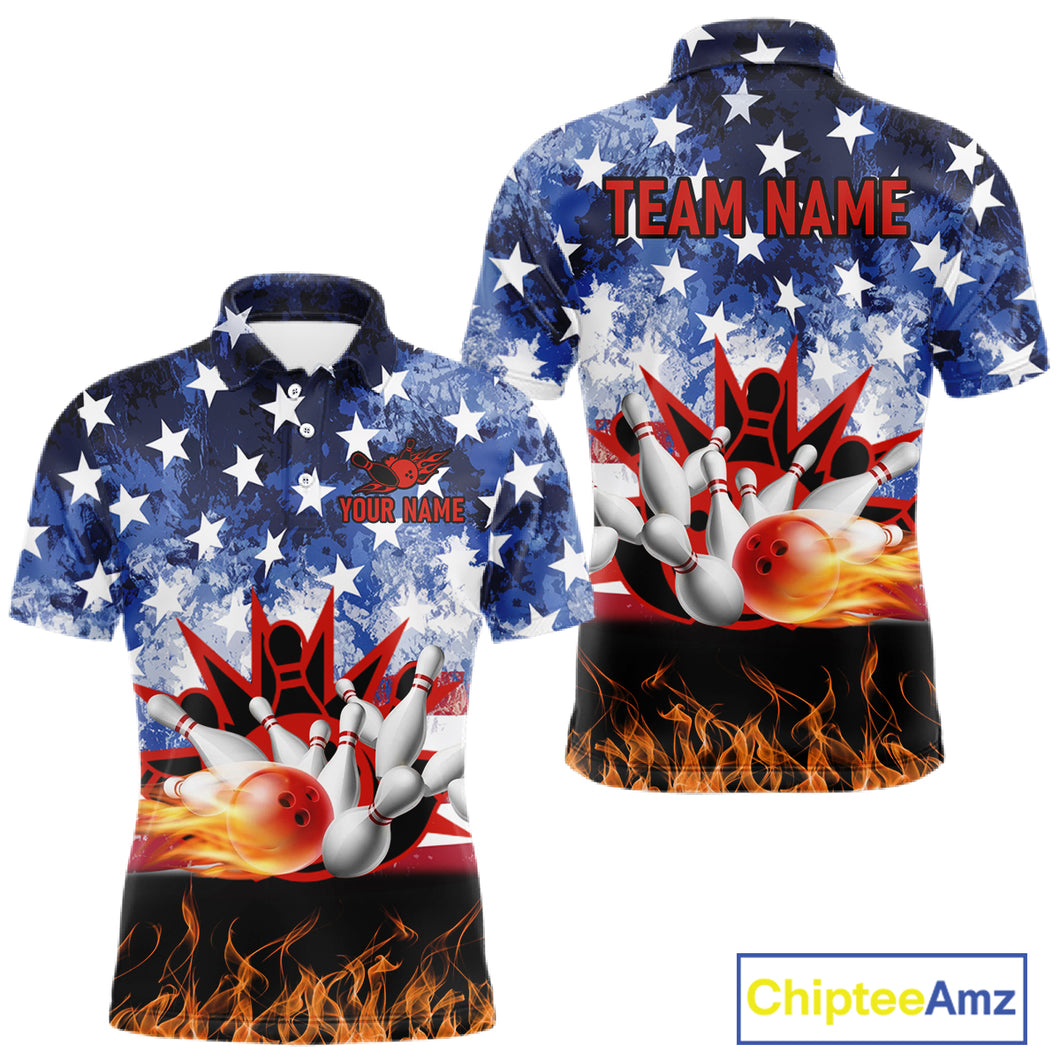 Custom American Flag Flame Bowling Polo, Quarter Zip Shirts For Men, Patriotic Bowling Team Jersey NQS11041